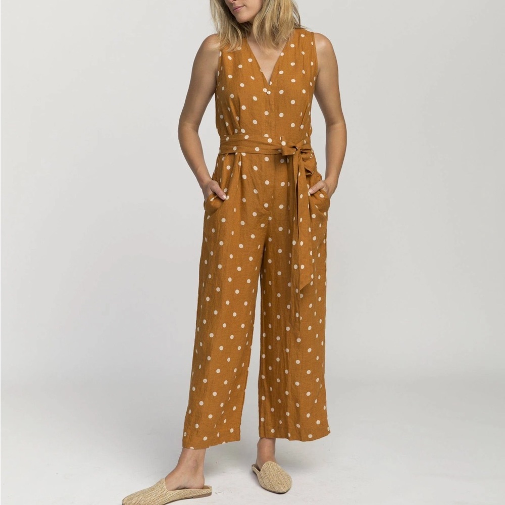 Trovata Cropped Wide Leg Polka Dot Linen Belted Jumpsuit - Picture 8 of 14